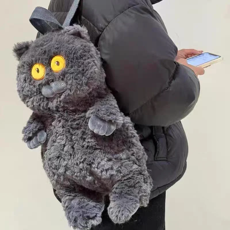 Funny Fluffy Black Cat Backpack Plush Bag