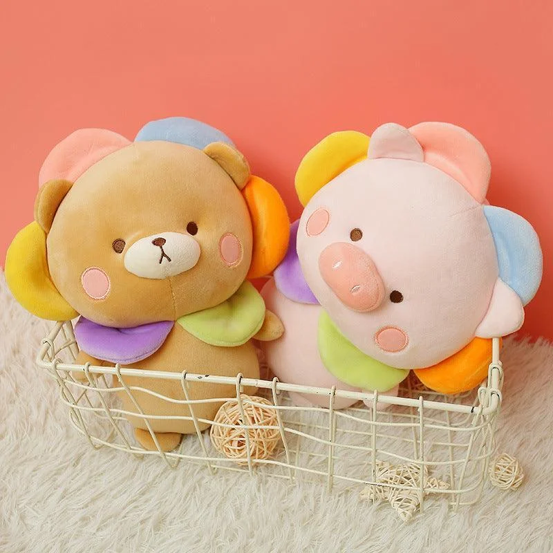 Kawaii Bear & Piggy Plush Dolls with Cute Flower Hats