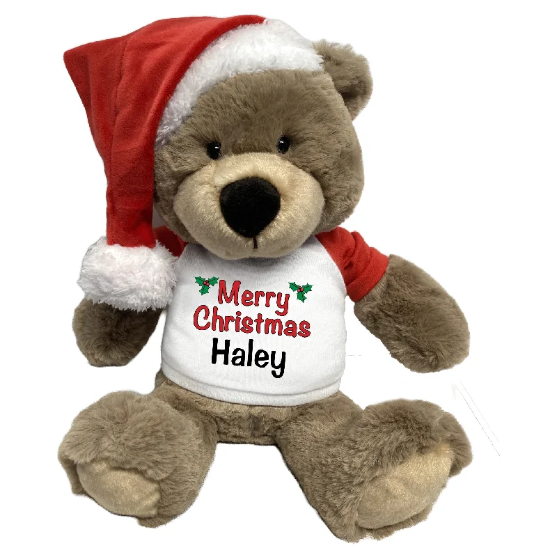 Personalized Christmas Teddy Bear - 14" Taupe Bear with Santa Hat