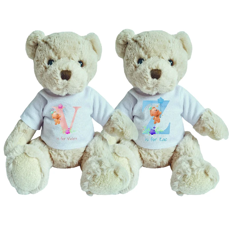 Teddy Bear with Personalised Initial with Teddies Shirt Blue or Pink