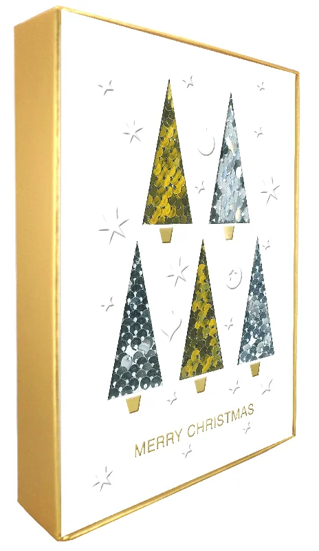 Box Of 5 Winter Glow Merry Christmas Trees Hand-Finished Christmas Cards