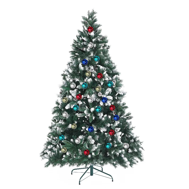 7ft 2.1m 1290 Tips Snowy Christmas Tree Xmas Pine Cones + Bauble Balls Green