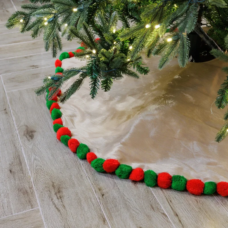 Traditional Jute Christmas Tree Skirt with Sparkling Green and Red Pompoms