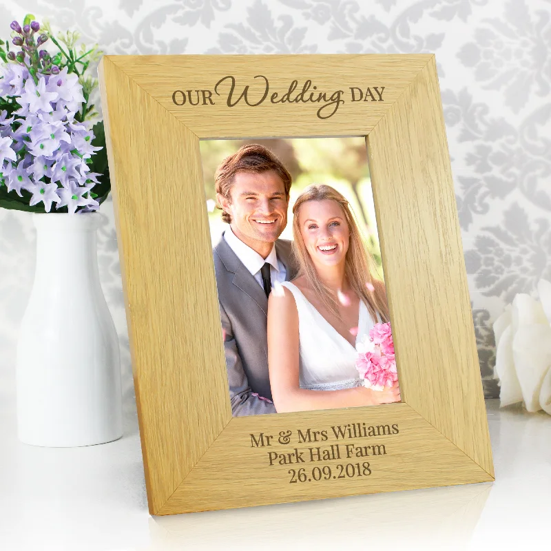 Personalised Our Wedding Day 4x6 Oak Finish Photo Frame - Personalise It!