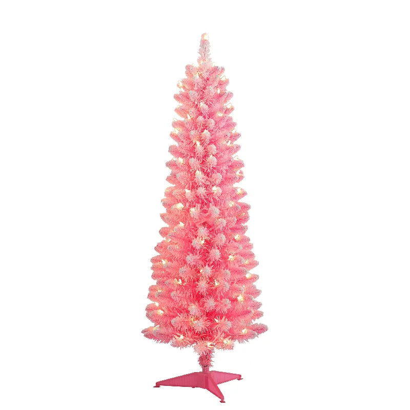 Pre-Lit 4.5' Flocked Fashion Pink Pencil Artificial Christmas Tree with 100 Lights, Pink