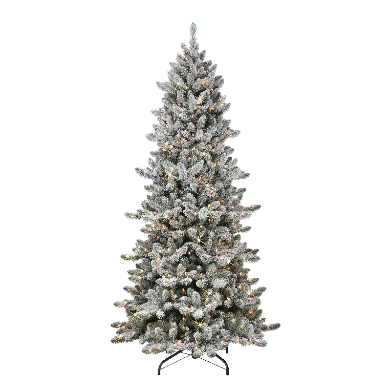 Pre-Lit 7.5' Slim Flocked Royal Majestic Spruce Artificial Christmas Tree, Green