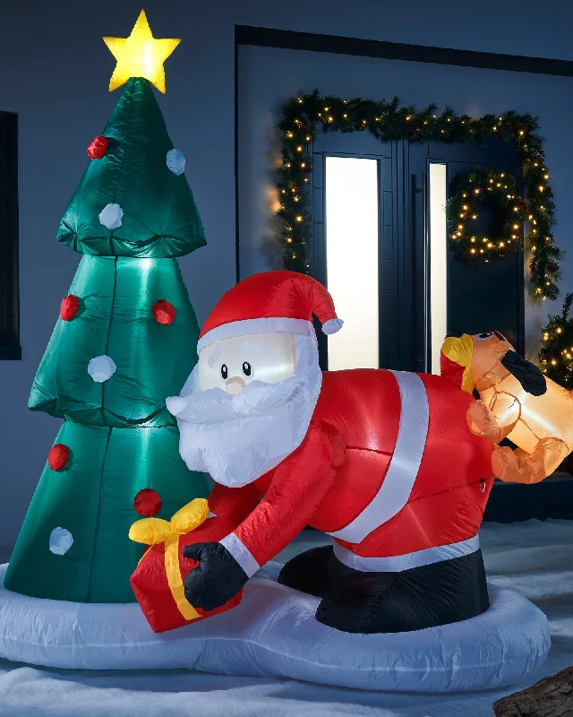 Pre-Lit Inflatable Christmas Tree with Santa & Dog, 7 ft