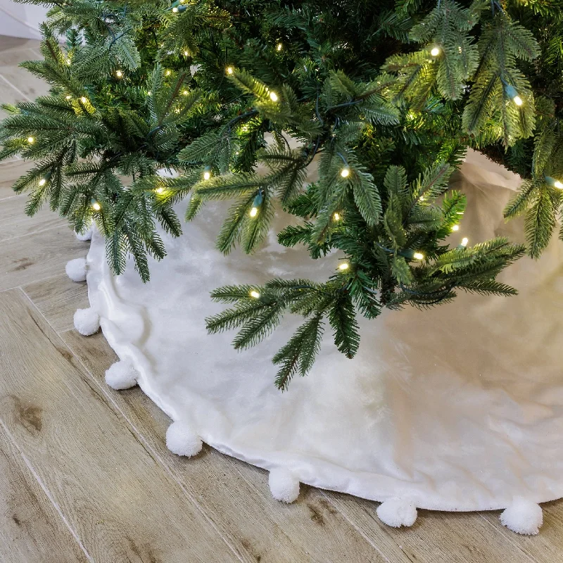 White Velvet Christmas Tree Skirt with Pom Pom Borders