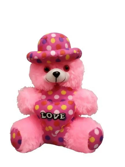 Pink Teddy Bear with Red Cap and Heart Adorable and Lovable Plush Toy