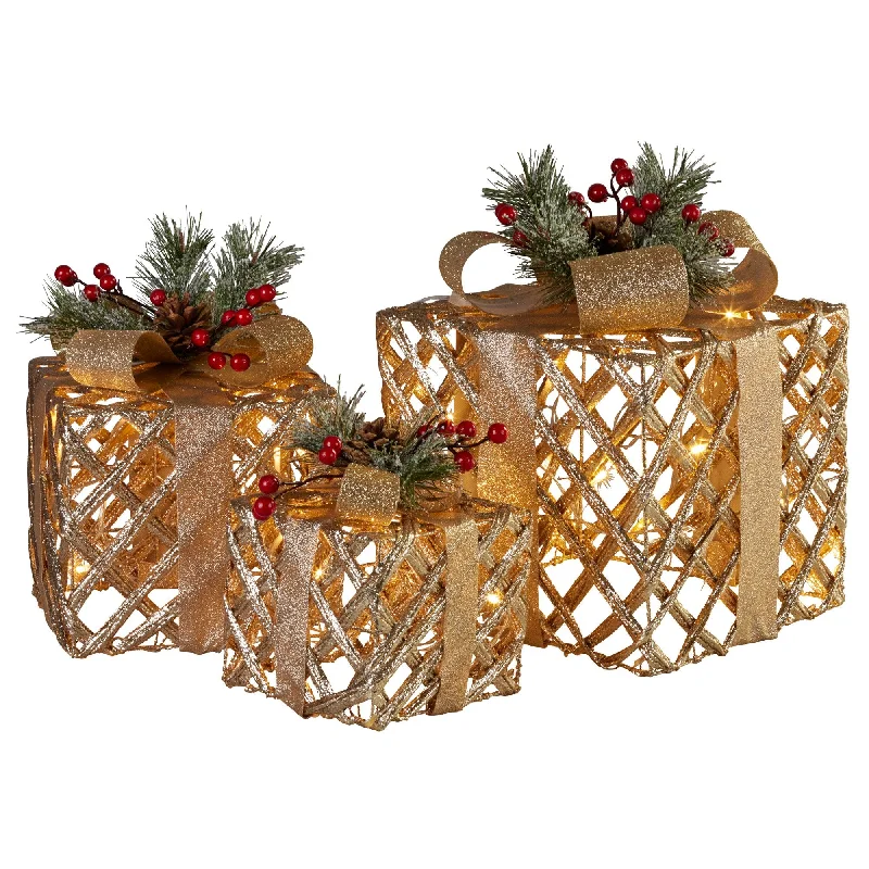 Set of 3 Christmas Gift Boxes Display With Lights in Champagne and Gold