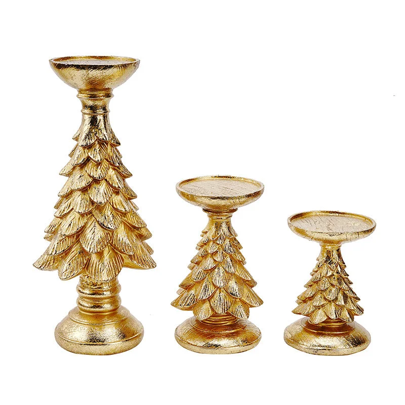 Set Of 3 Gold Candle Holders - Festive Resin Christmas Tree Stands